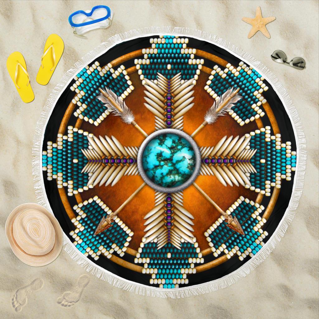 Round beach blanket with blue mandala beadwork, central turquoise medallion, white fringe