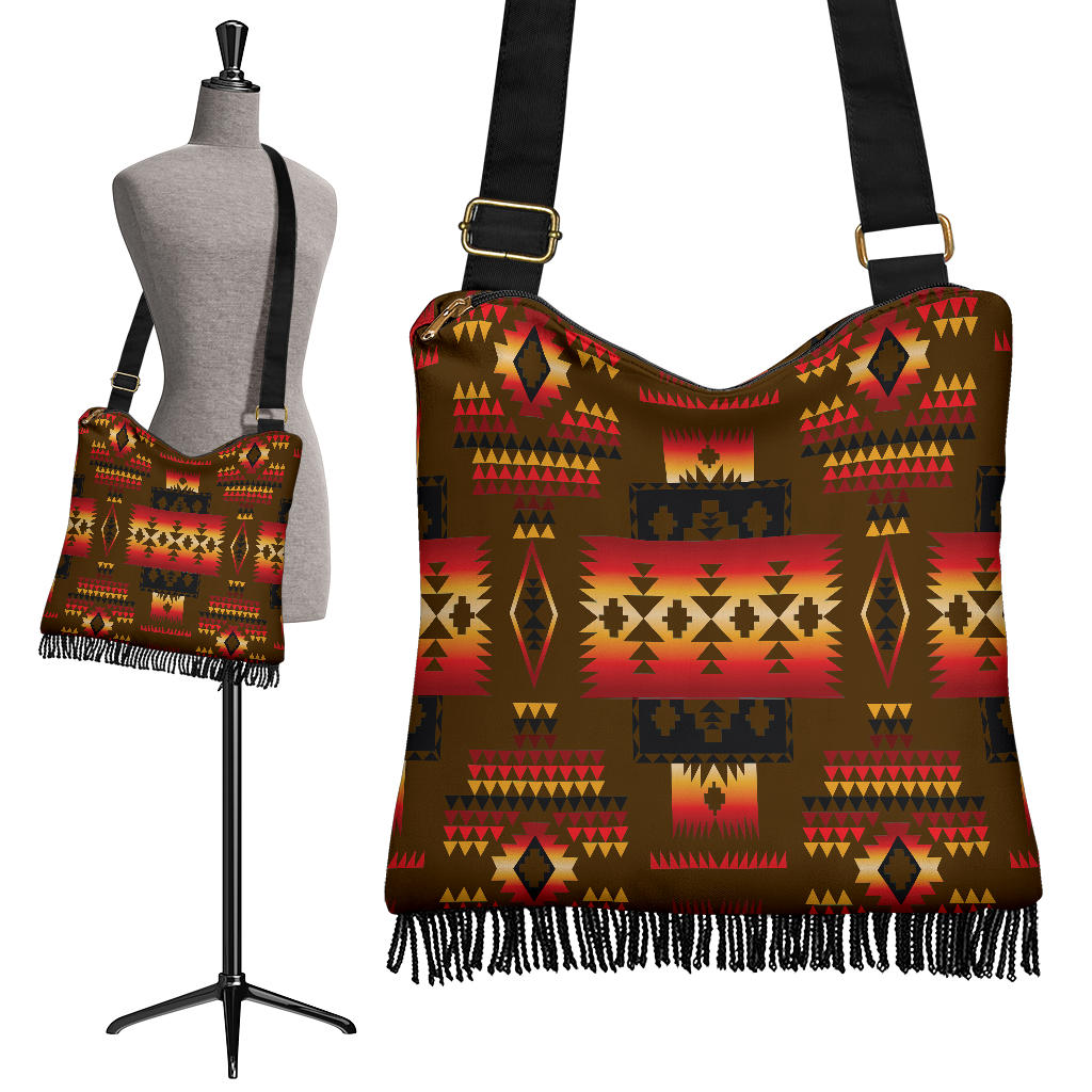 Multicolor boho crossbody bag with Native pattern, fringe hem, and adjustable strap