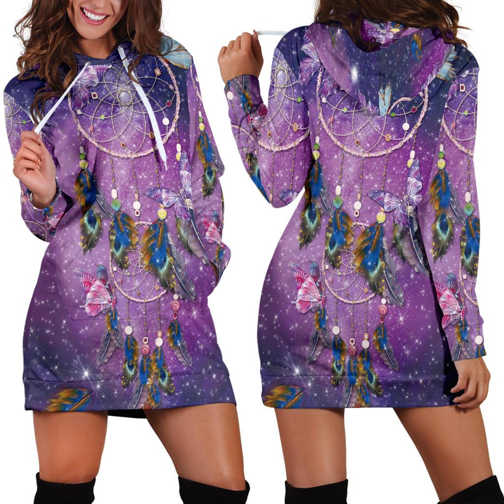 Purple hoodie dress with dreamcatcher graphic, galaxy speckles, front pouch and white drawstrings