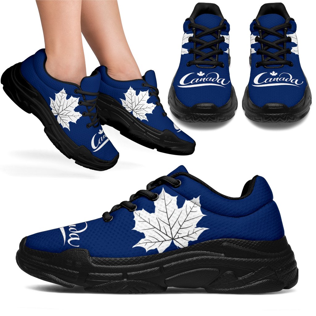 Canada Maple Leafs chunky sneakers, blue upper with white leaf print, black sole