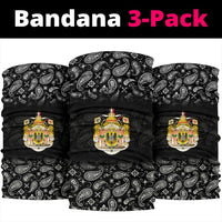 Three black paisley bandanas stacked, each with colorful coat-of-arms emblem