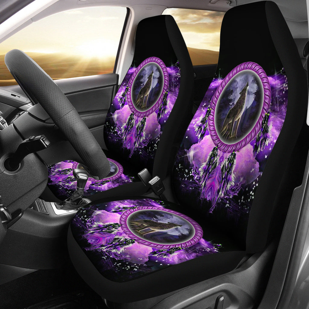 Car seat cover set: purple howling wolf dreamcatcher graphic on front seats, black trim