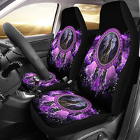 Car seat cover set: purple howling wolf dreamcatcher graphic on front seats, black trim