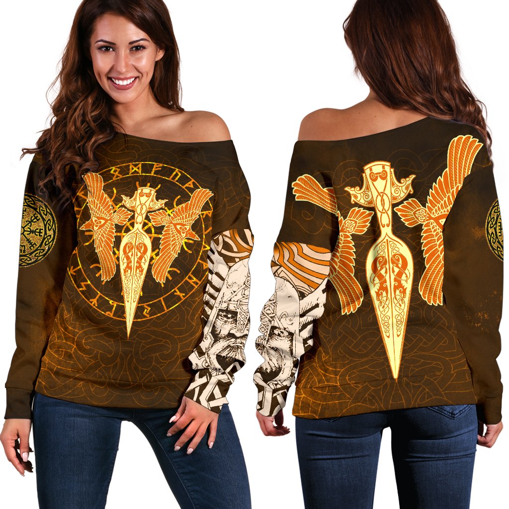 Viking Women's Off Shoulder Sweater Gold Spear Of The God Odin - Gungnir and Two Gold Ravens RLT12 - Wonder Print Shop