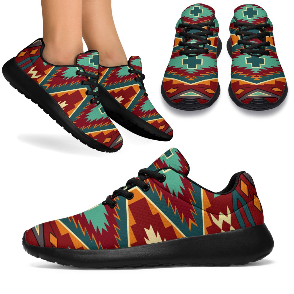 Multicolor Native American pattern sneakers with black laces and black sole
