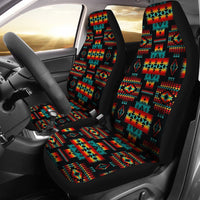 Multicolor Navajo patterned car seat covers with black trim for front seats