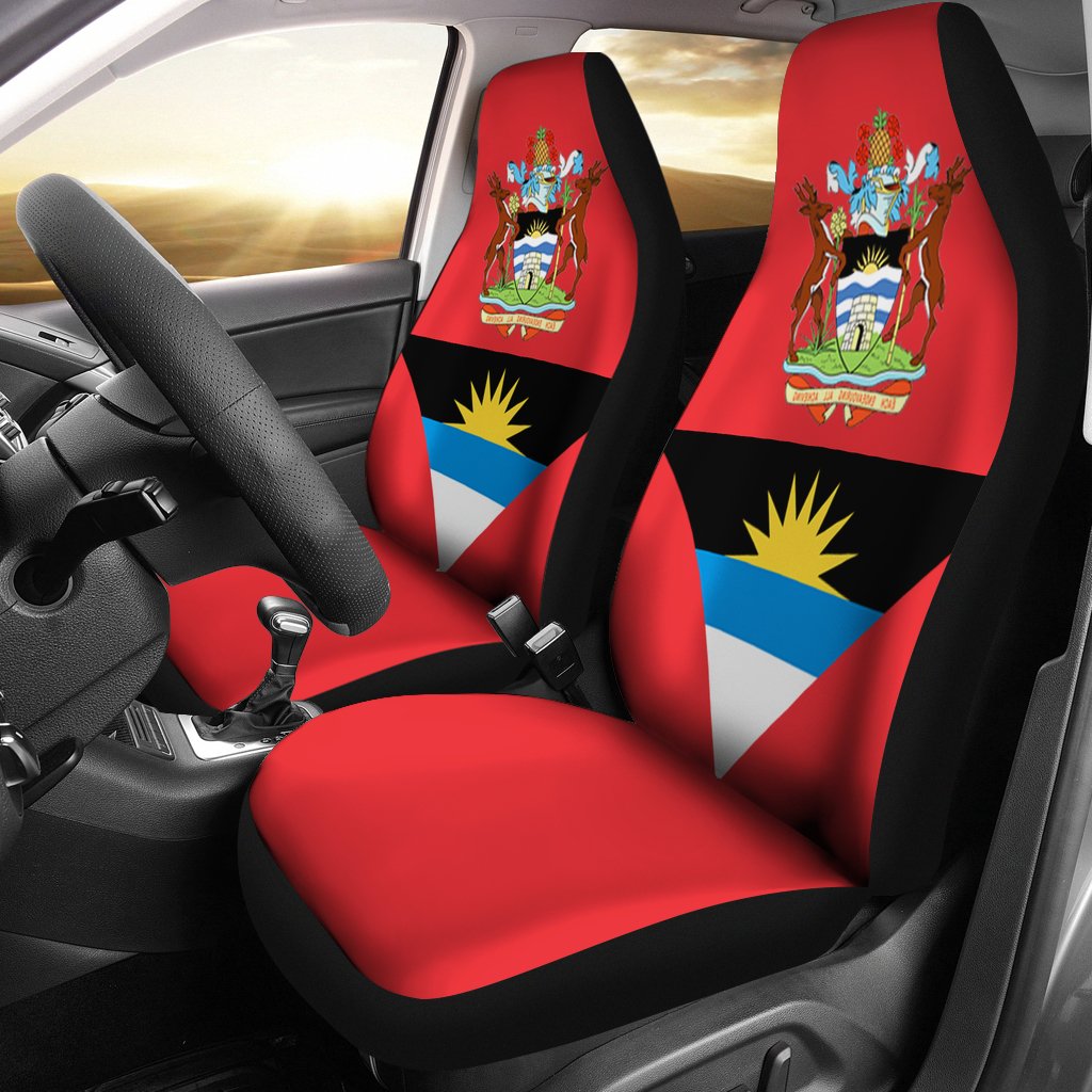 Antigua and Barbuda flag car seat cover set, red with crest and black-blue stripe
