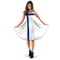 Sleeveless white midi dress with blue Nordic cross print
