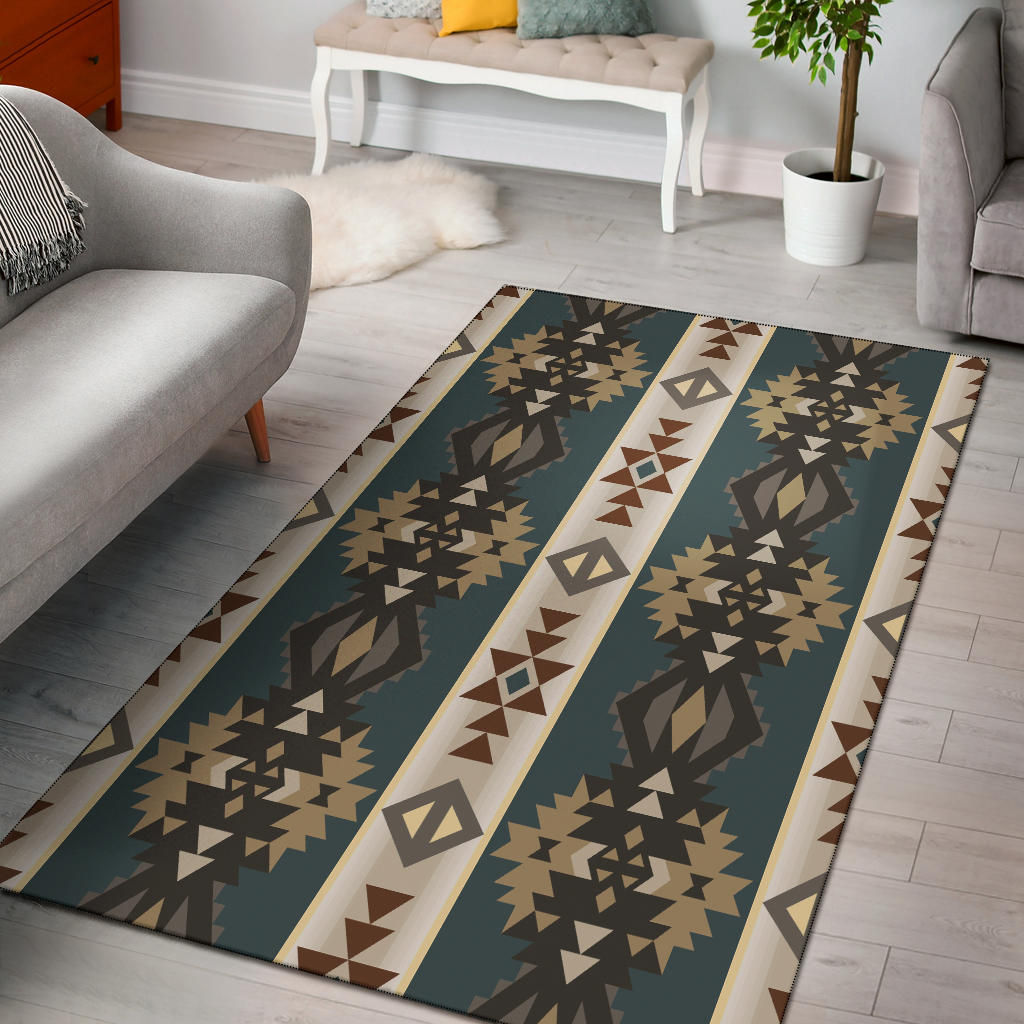 Geometric area rug with teal ground, tan and brown tribal motifs, central striped runner