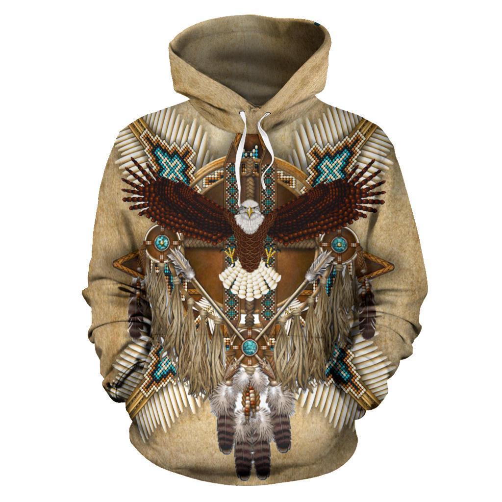 Pullover hoodie with multicolor owl and dreamcatcher front graphic, tan base