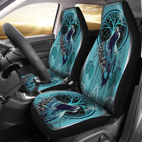 Native wolf 3D seat covers, teal dreamcatcher design on front seats with black edges