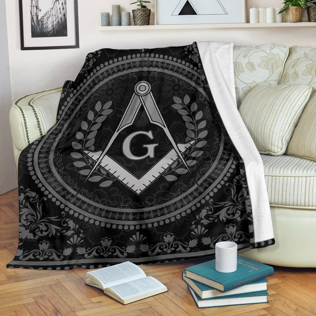 Black masonic print blanket with compass-and-square emblem centered
