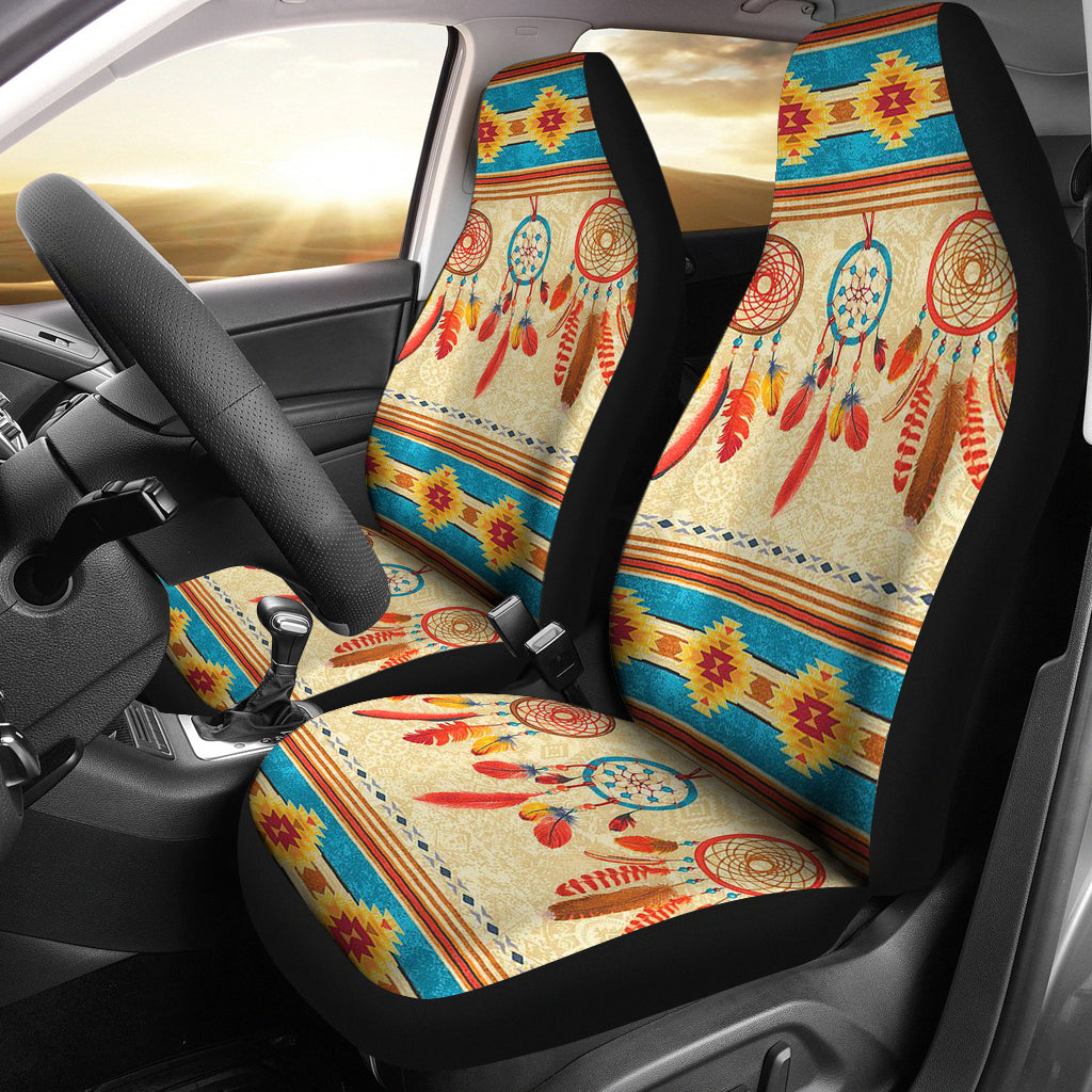 Multicolor dreamcatcher seat covers with geometric stripe borders, front seats in car