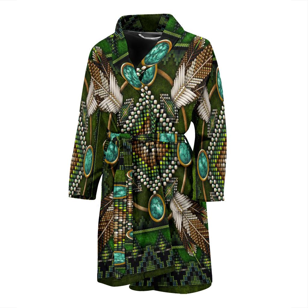Green bath robe with Native bead/mandala print, turquoise accents, tie belt