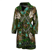 Green bath robe with Native bead/mandala print, turquoise accents, tie belt