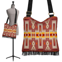 Geometric red boho crossbody handbag with black strap and gold buckle, multicolor design