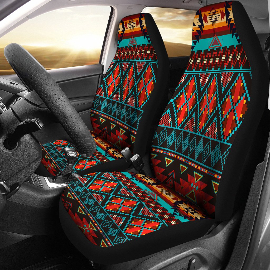 Car seat covers with multicolor Native American patterns, front seats on vehicle