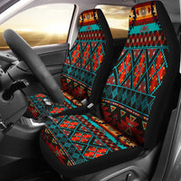 Car seat covers with multicolor Native American patterns, front seats on vehicle
