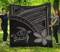 Grey Hawaiian quilt with black base, turtle and plumeria floral print, geometric border