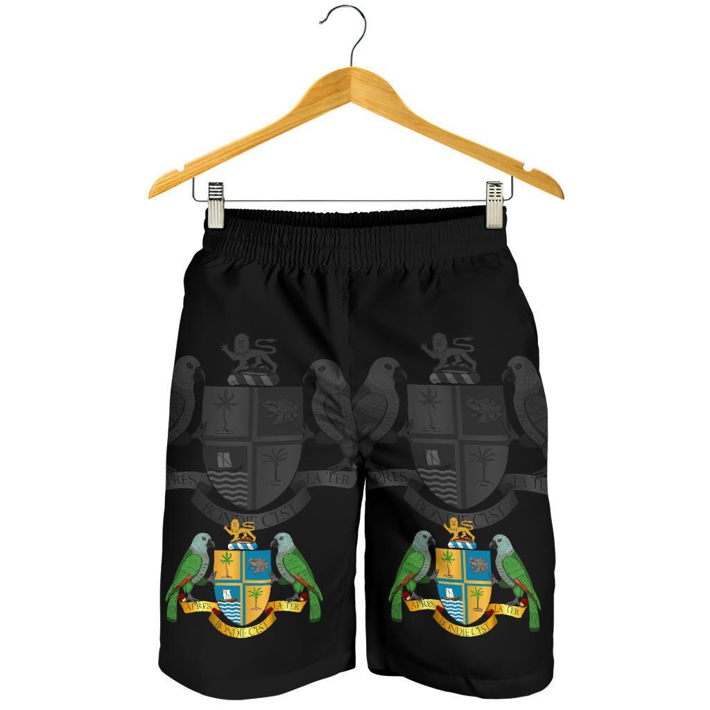 Black Dominica shorts with elastic waistband and crest-bird graphic, front view