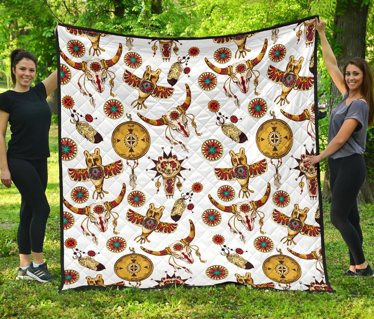 Premium quilt with Native American totem pattern, multicolor motifs on white background