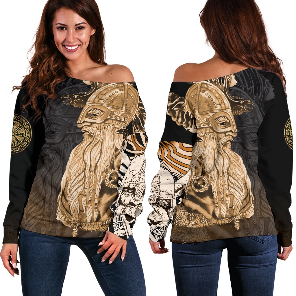 Viking Women's Off Shoulder Sweater - Odin Raven Viking Gold RLT12 - Wonder Print Shop