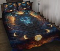 Blue wolf quilt with celestial moon/eclipse design and gold accents, matching pillowcases