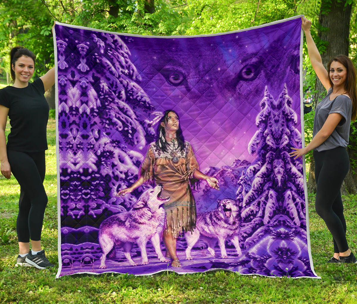 Native American Girl and Wolf Purple Premium Quilt LT10 - Wonder Print Shop