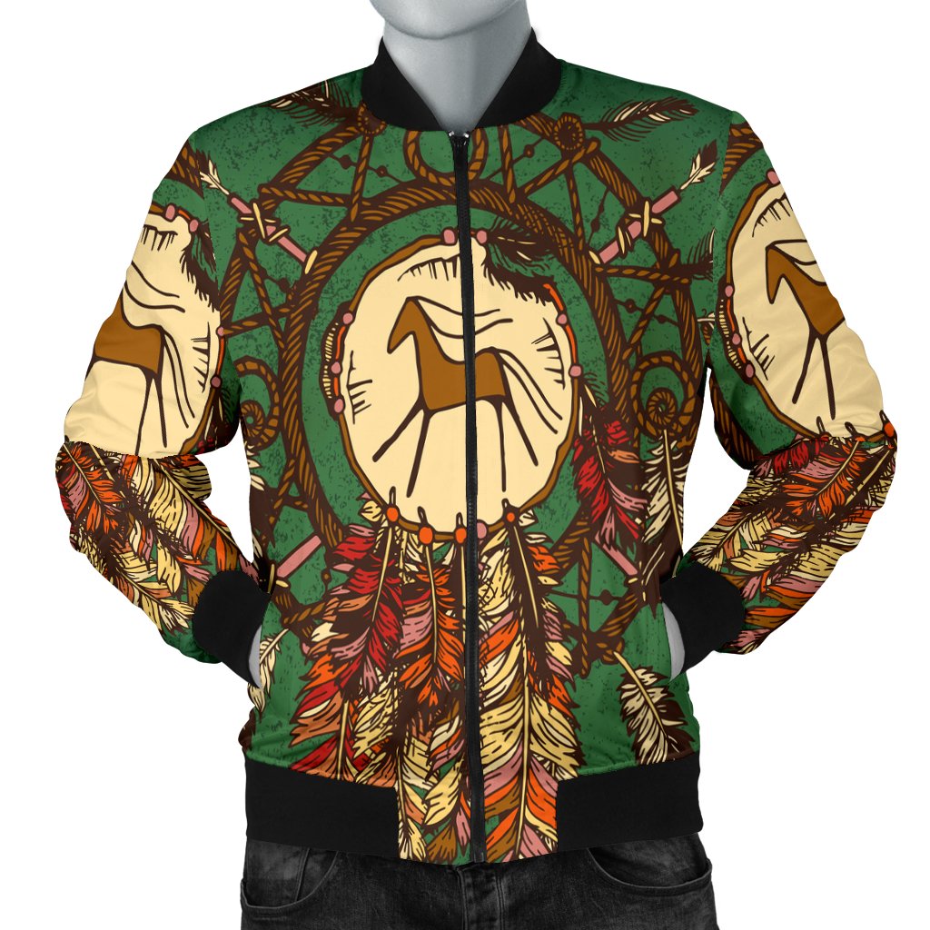 Green bomber jacket with Native American horse graphic, full zip front, black ribbed cuffs