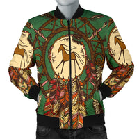 Green bomber jacket with Native American horse graphic, full zip front, black ribbed cuffs