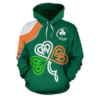 Front view green hoodie with drawstring hood and Ireland Rugby shamrock emblem