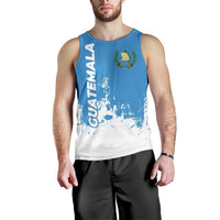 Men’s Guatemala tank top in blue with white smudge print and crest graphic