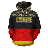 All-over camo zip hoodie, front 'GERMANY' print, red/yellow accents