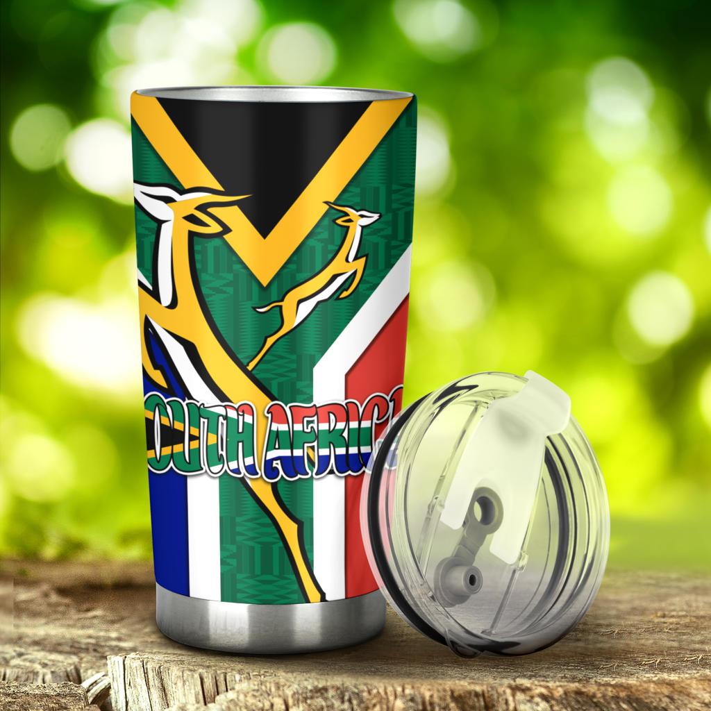 Green South Africa rugby tumbler with Springboks crest, yellow V and flag stripe design