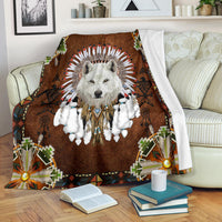 Wolf with feather headdress blanket in brown with colorful bead-and-arrow border