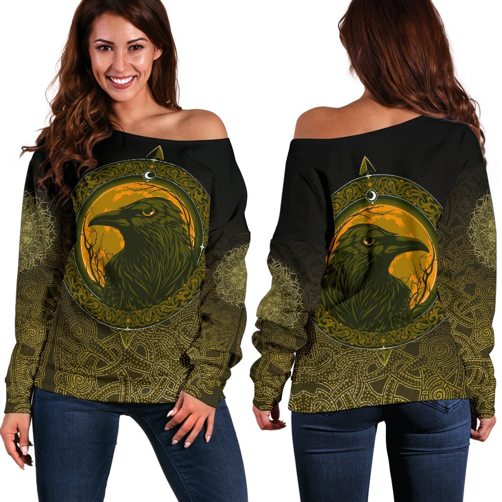 Viking Women's Off Shoulder Sweater, Ethnic Odin Raven Gold RLT12 - Wonder Print Shop