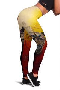 Multicolor leggings: bison and medicine wheel graphic, yellow/red/black side view