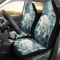 Turquoise wolf car seat covers with dreamcatcher prints, white wolves, front pair