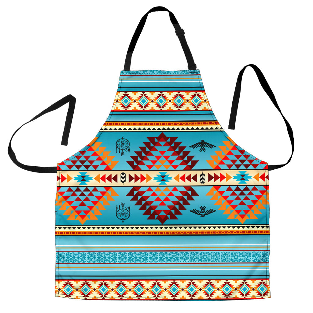Blue Thunderbird Native American apron with multicolor geometric stripes and patterns.