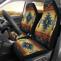 Native American car seat covers: blue & multicolor geometric pattern on front seats