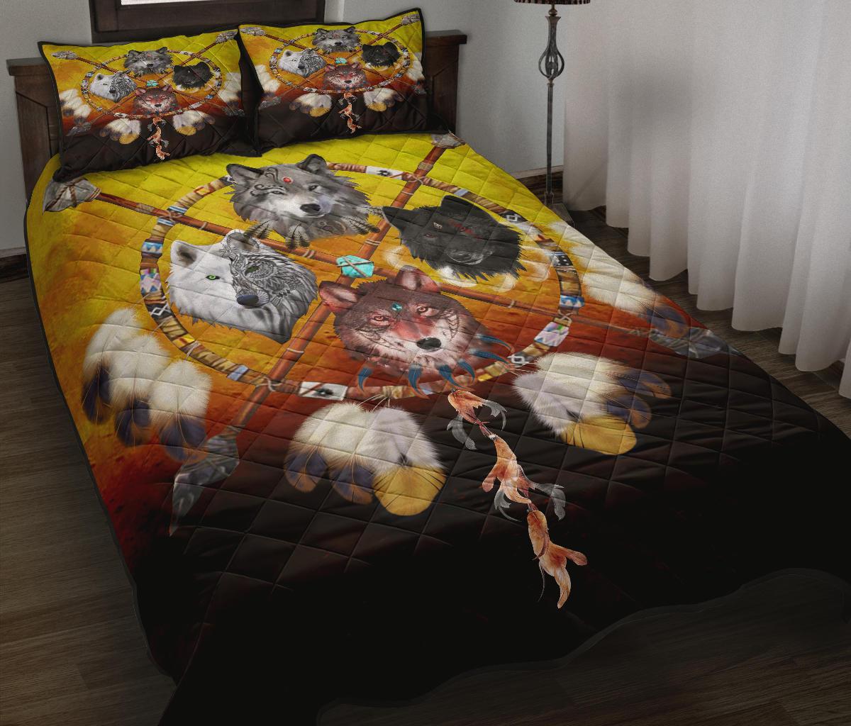 Four Wolves Warriros Dreamcatcher Native American Quilt Bed Set LT10 - Wonder Print Shop