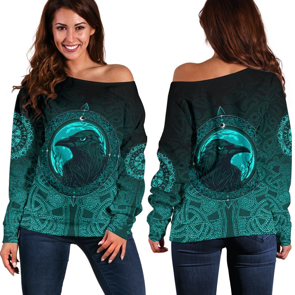 Viking Women's Off Shoulder Sweater, Ethnic Odin Raven Cyan RLT12 - Wonder Print Shop