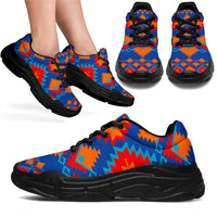 Blue geometric print chunky sneakers, black laces and black chunky sole