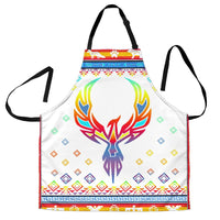 White apron with black straps, multicolor phoenix graphic and geometric border pattern