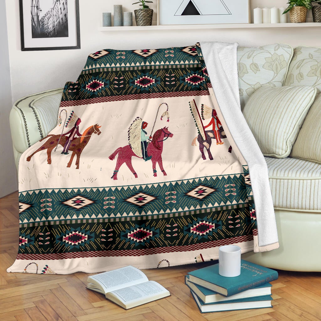 Chief horse blanket with multicolor stripes and horse rider artwork