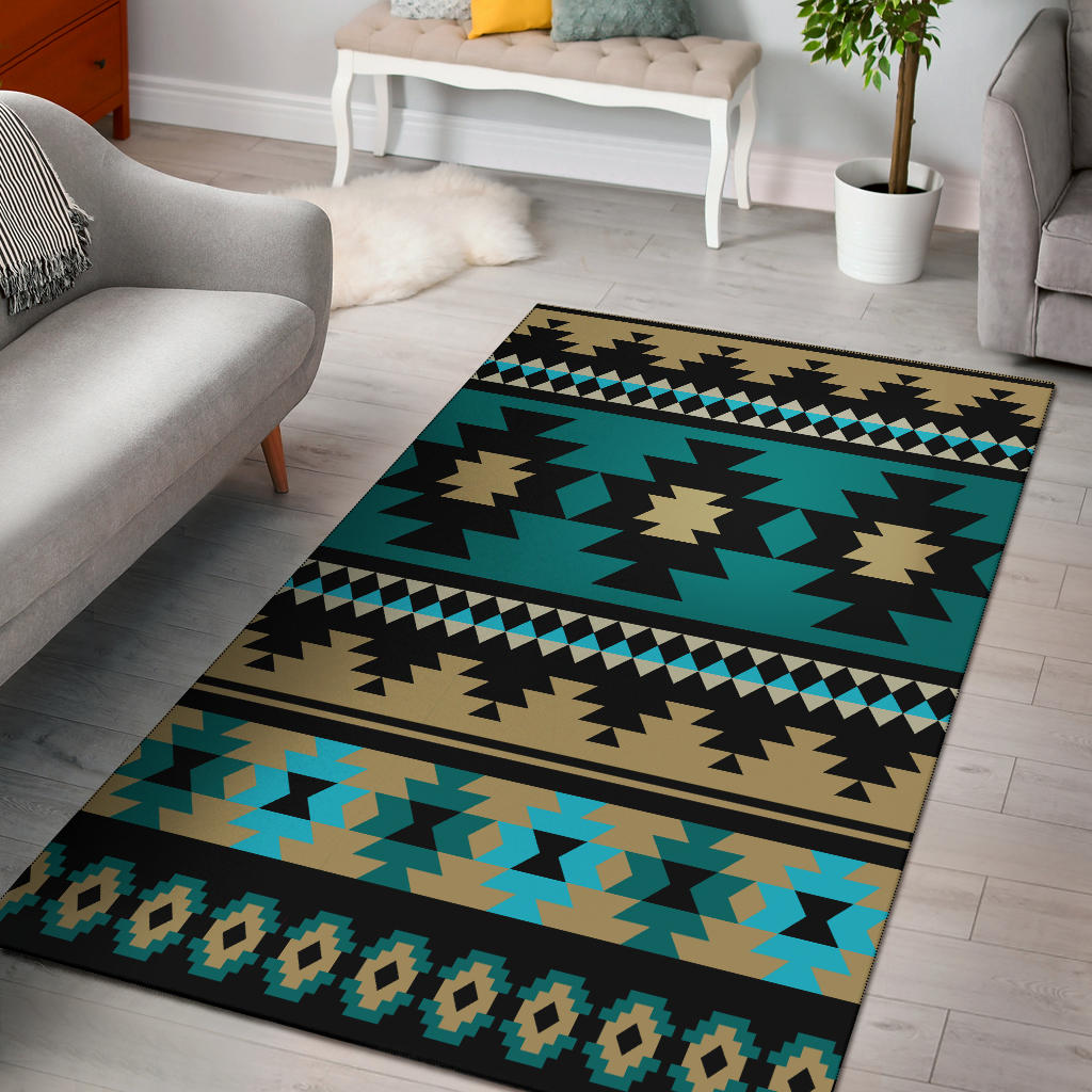 Green and teal Aztec-pattern area rug with geometric diamonds and black border detail