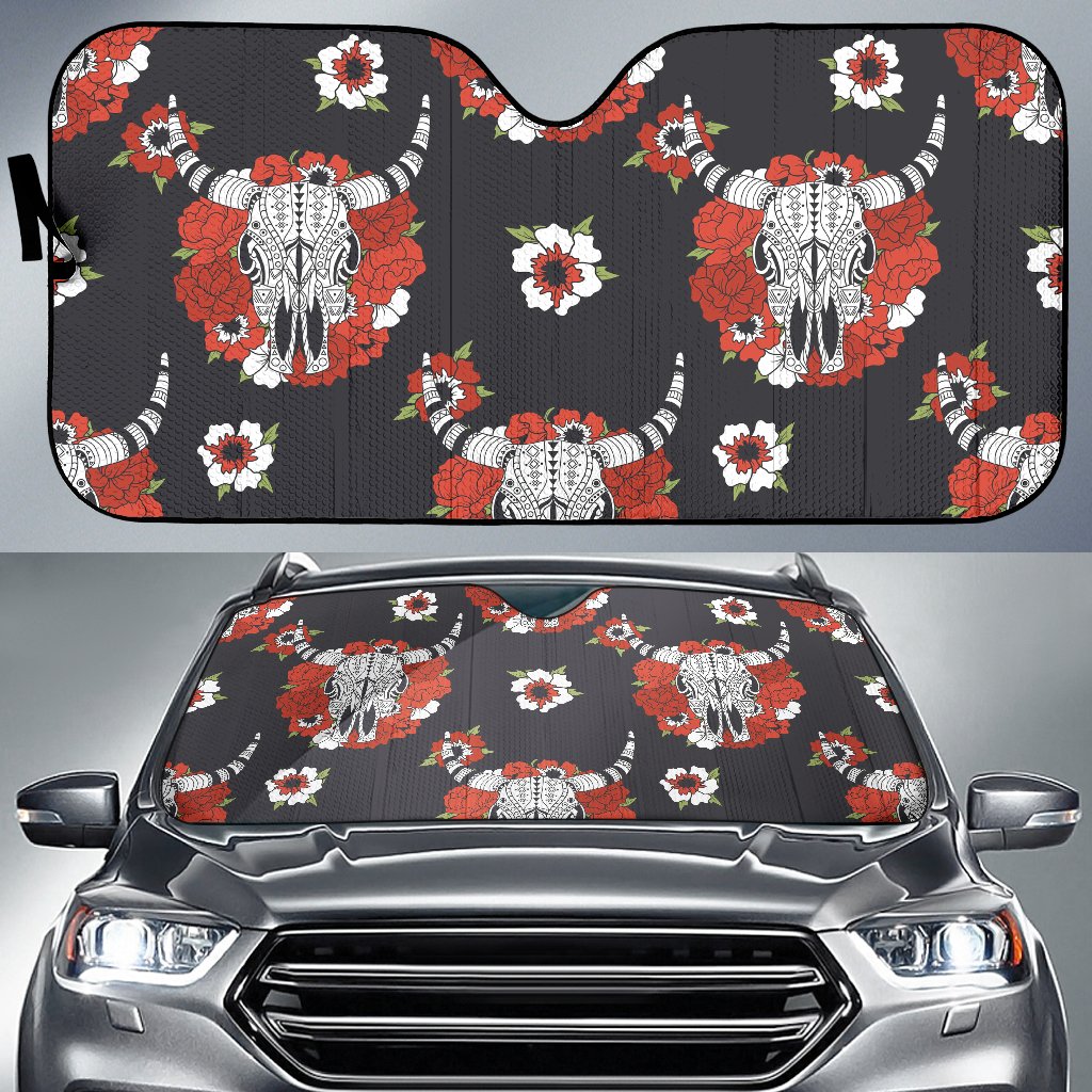 Bison head auto sun shade on black with red flowers and white bull designs