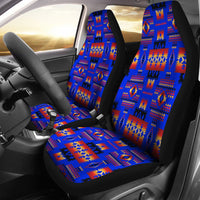 Blue neon tribal car seat covers, multicolor geometric pattern, front seats