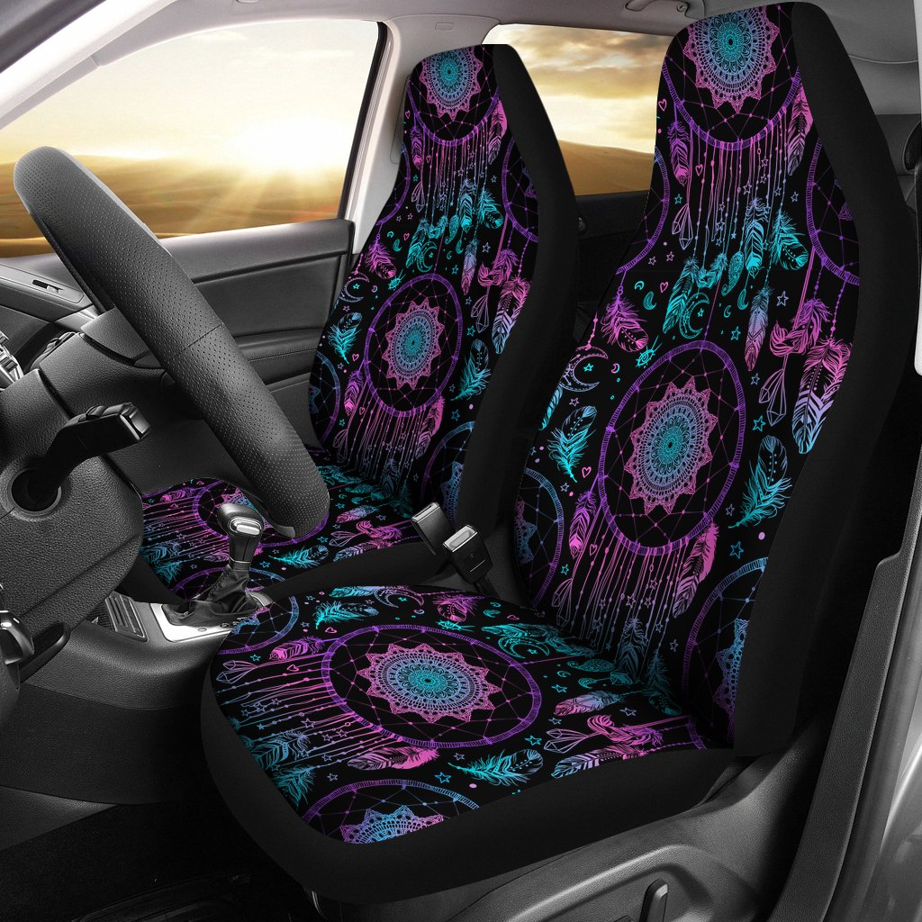 Multicolor dreamcatcher-pattern car seat covers with black backing, front seats set