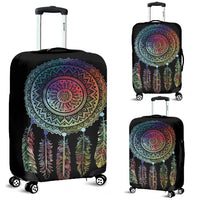Black luggage cover with multicolor mandala dreamcatcher and feather design, front